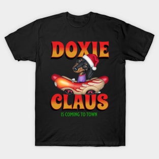 Cute Doxie Dog in classic car on  Claus Dachshund is coming to Town T-Shirt